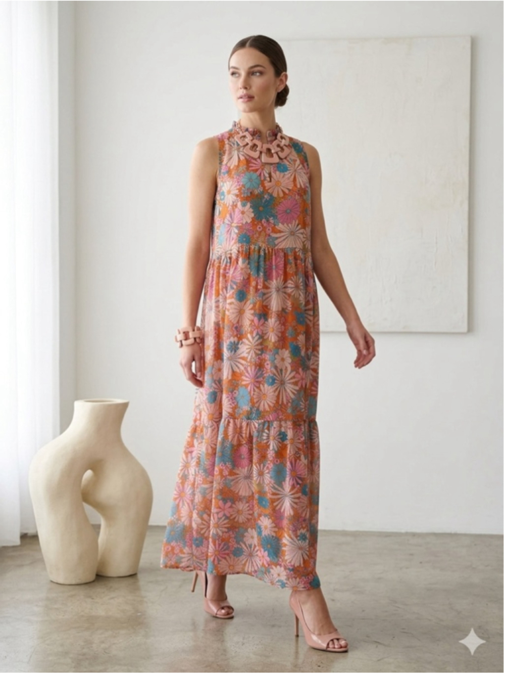 BB Dakota Steve Madden Floral Maxi Dress S Pink Orange Retro 70s Vibe Tiered Boh